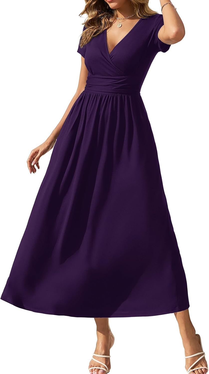 Gracyoga Women's Summer Dresses 2025 Short Sleeve Maxi Dress Casual V Neck Flowy Sundress with Pockets