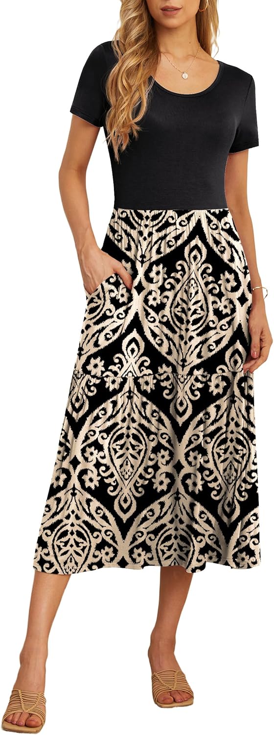 GRECERELLE Women's Summer Casual Short Sleeve Crewneck Tiered Flowy Maxi Long Dress with Pockets (S-2XL)