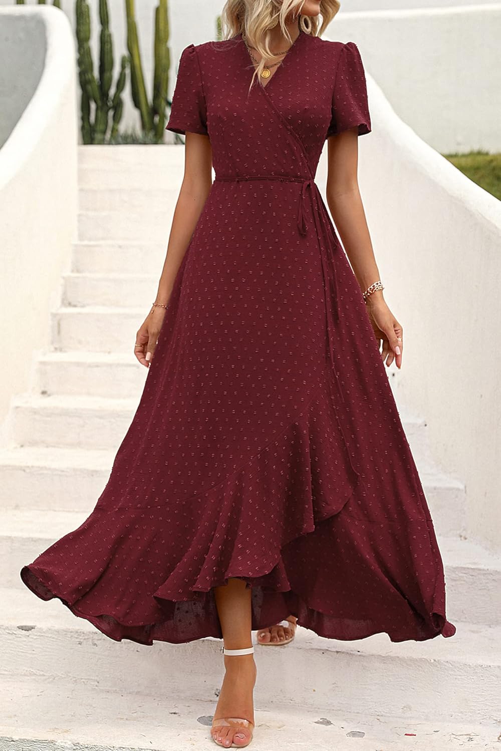 PRETTYGARDEN Women's Summer Maxi Dress Casual Wrap Floral Boho Short Sleeve V Neck Split Ruffle Beach Long Dresses