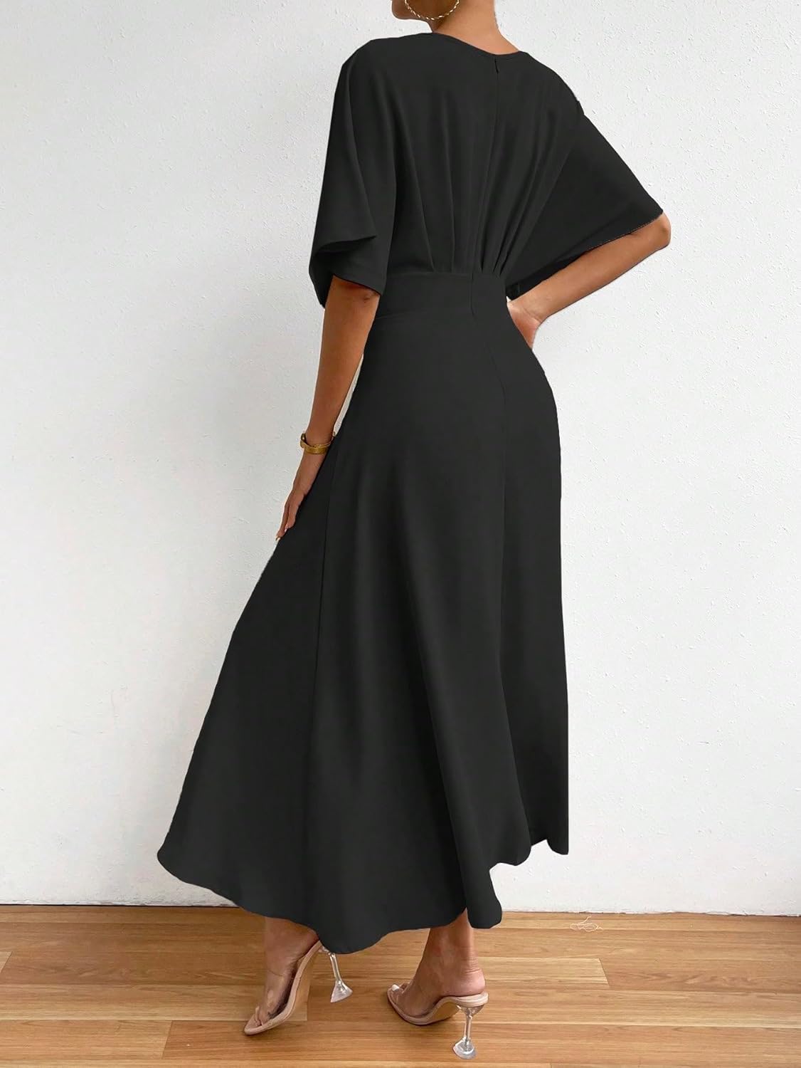 Floerns Women's V Neck Half Sleeve Ruched Cocktail Evening A Line Long Dress
