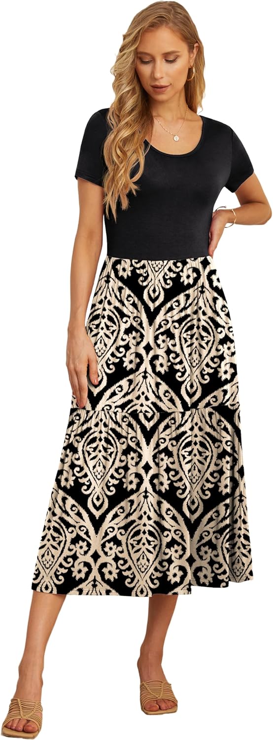 GRECERELLE Women's Summer Casual Short Sleeve Crewneck Tiered Flowy Maxi Long Dress with Pockets (S-2XL)