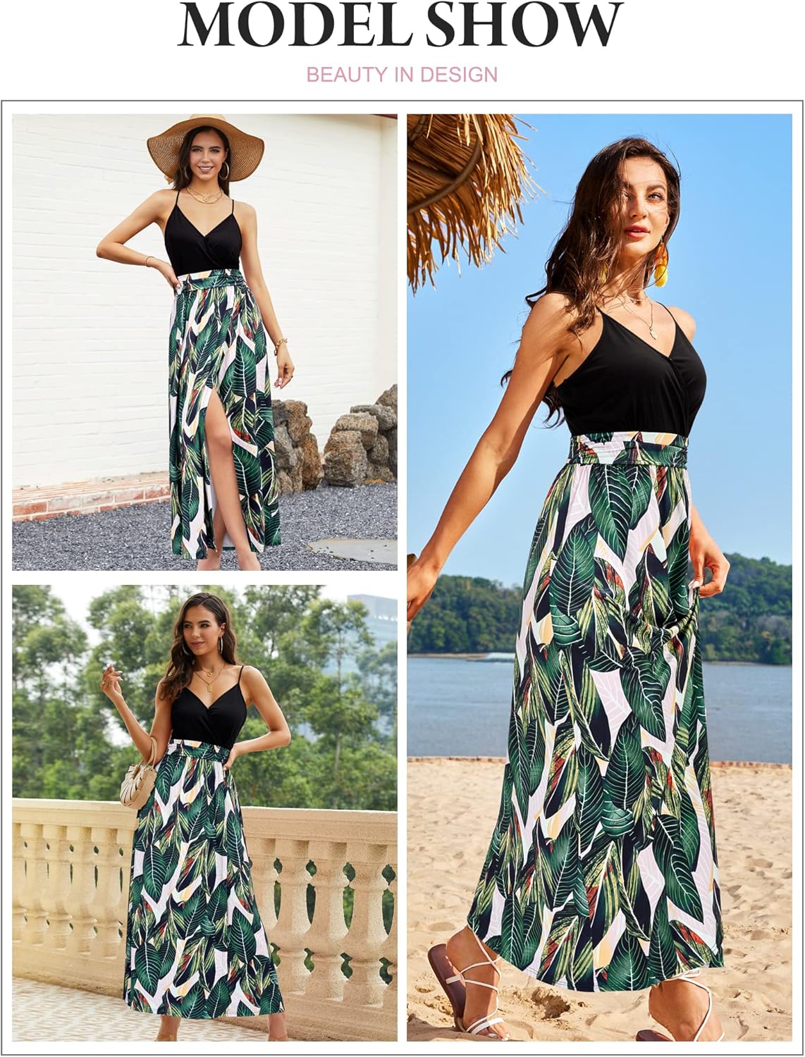 Newshows Women Summer 2025 Maxi Dress Vacation Floral Spaghetti Strap Spring Casual Boho Split Beach Long Flowy Sundress