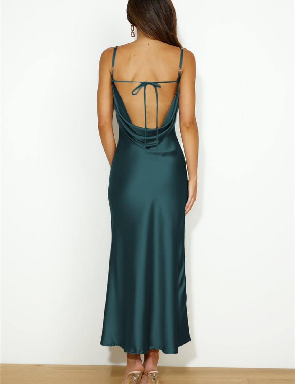 Summer Satin Spaghetti Strap Cowl Neck Backless Midi Dresses for Women Elegant Tie Low Back Ruched Cocktail Dress