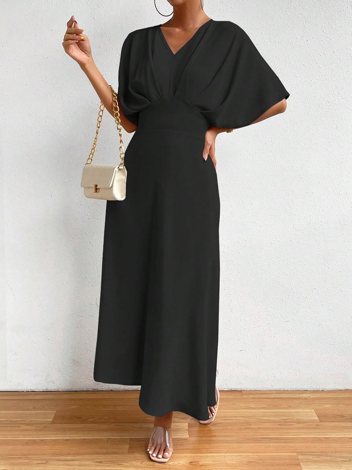 Floerns Women's V Neck Half Sleeve Ruched Cocktail Evening A Line Long Dress