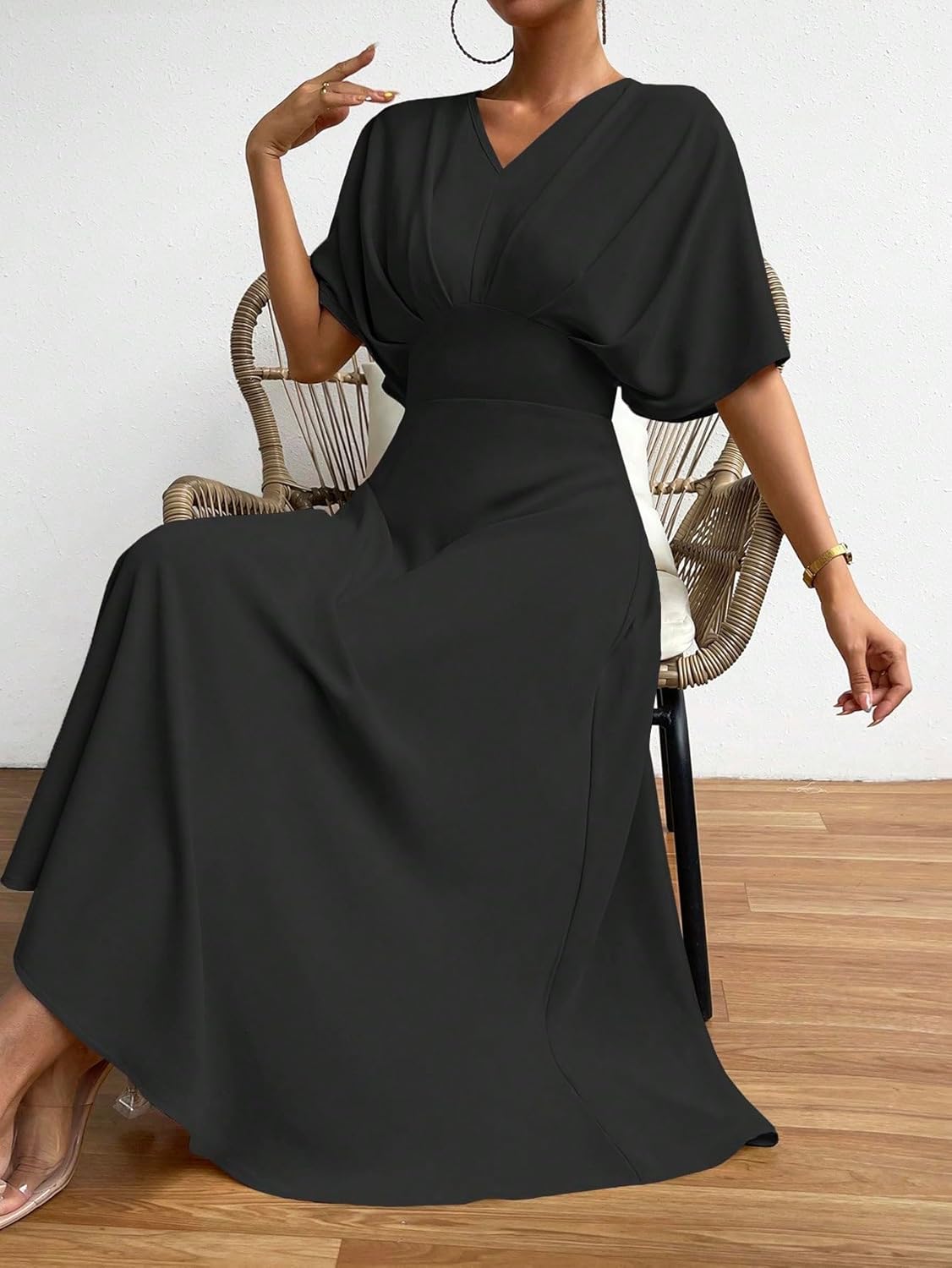 Floerns Women's V Neck Half Sleeve Ruched Cocktail Evening A Line Long Dress