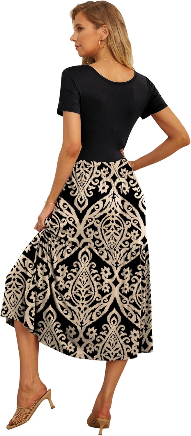 GRECERELLE Women's Summer Casual Short Sleeve Crewneck Tiered Flowy Maxi Long Dress with Pockets (S-2XL)
