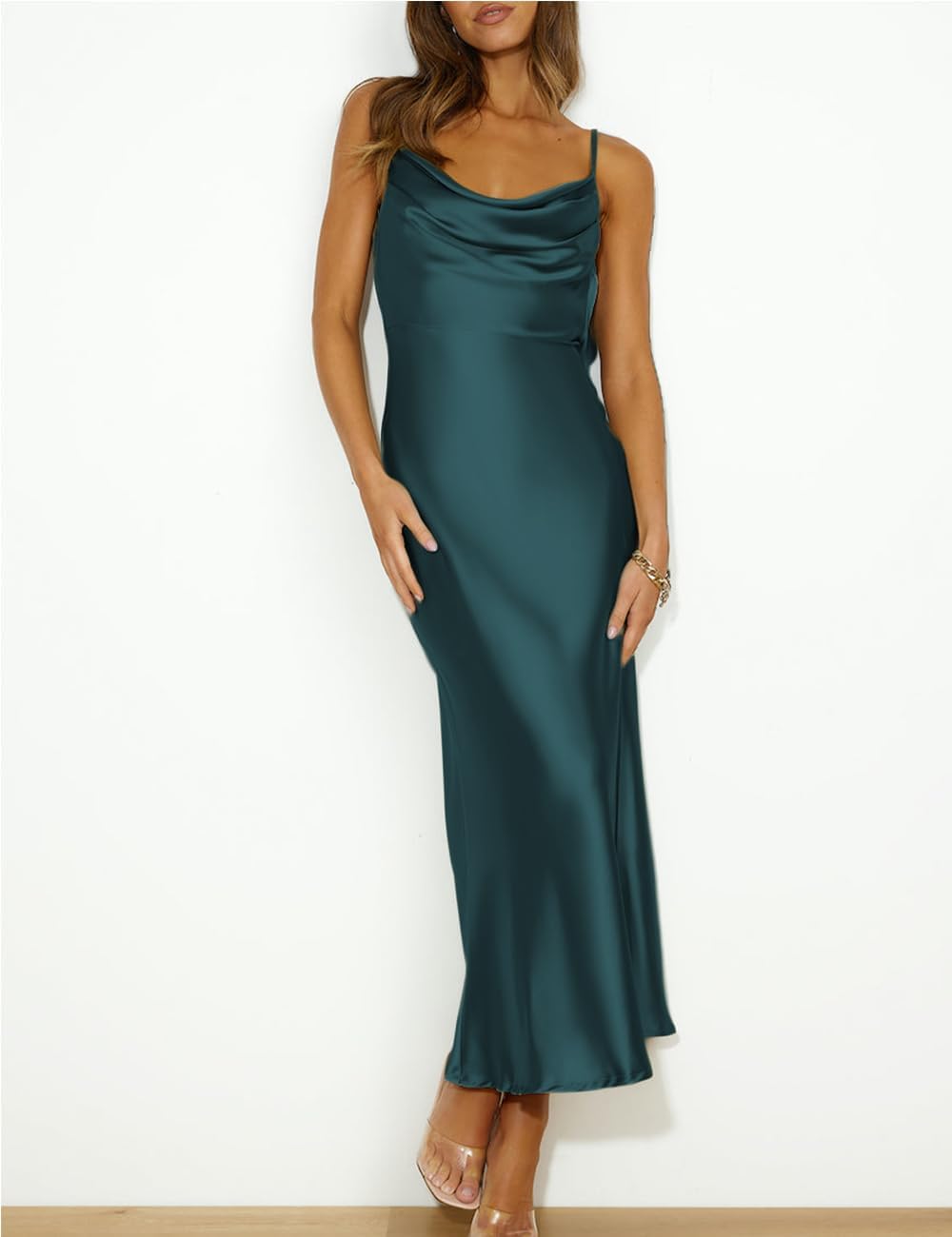 Summer Satin Spaghetti Strap Cowl Neck Backless Midi Dresses for Women Elegant Tie Low Back Ruched Cocktail Dress