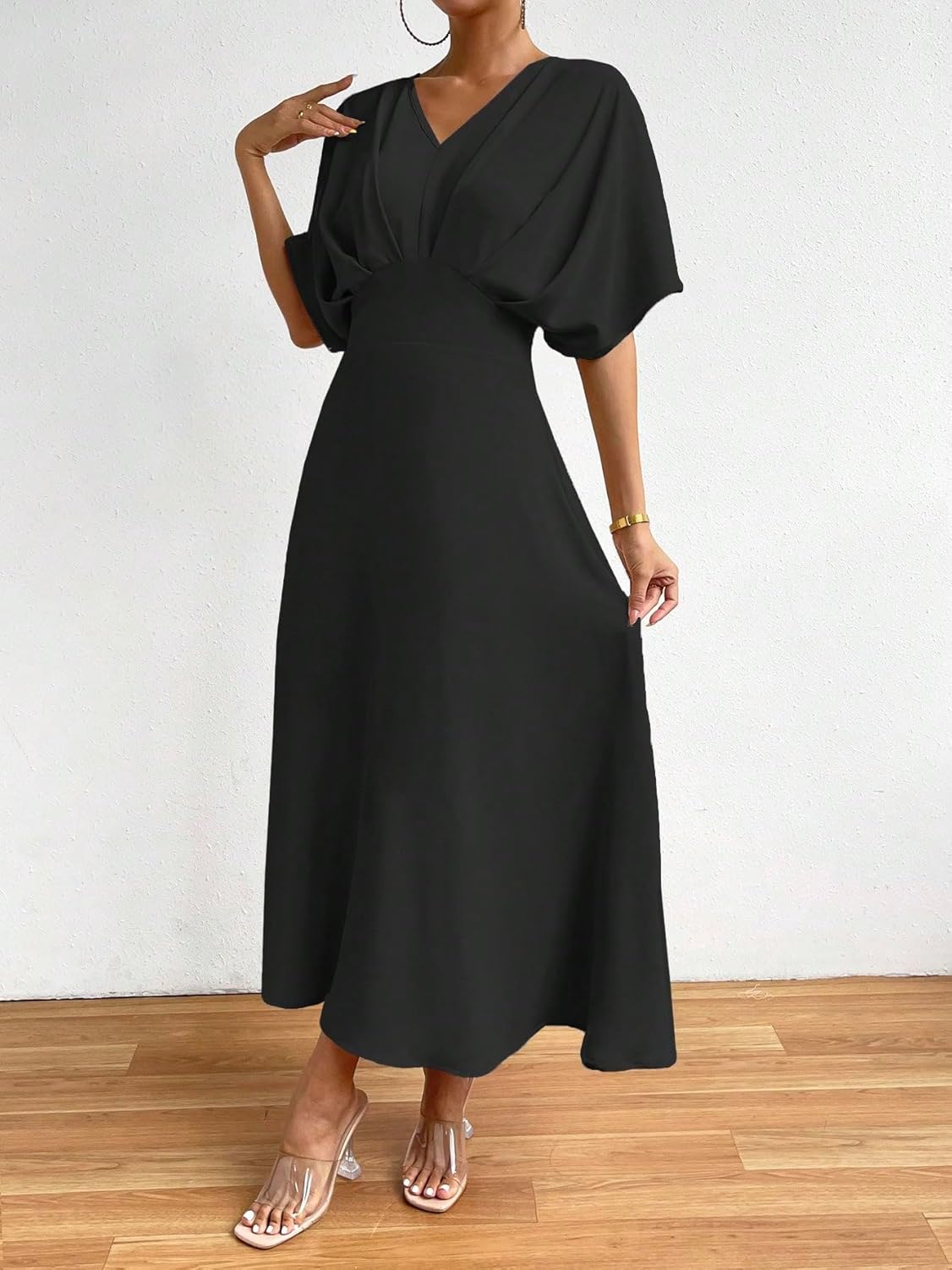 Floerns Women's V Neck Half Sleeve Ruched Cocktail Evening A Line Long Dress