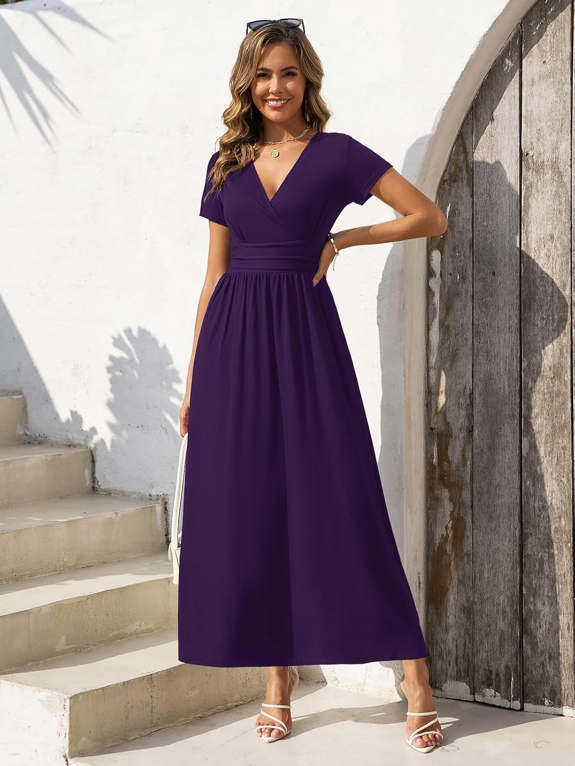 Gracyoga Women's Summer Dresses 2025 Short Sleeve Maxi Dress Casual V Neck Flowy Sundress with Pockets