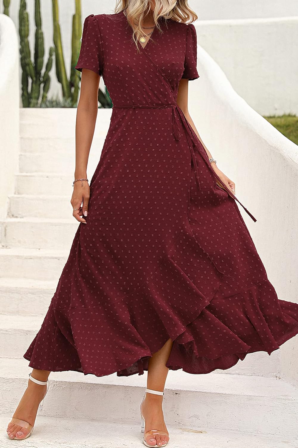 PRETTYGARDEN Women's Summer Maxi Dress Casual Wrap Floral Boho Short Sleeve V Neck Split Ruffle Beach Long Dresses