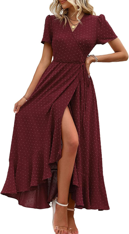 PRETTYGARDEN Women's Summer Maxi Dress Casual Wrap Floral Boho Short Sleeve V Neck Split Ruffle Beach Long Dresses