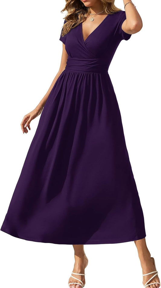 Gracyoga Women's Summer Dresses 2025 Short Sleeve Maxi Dress Casual V Neck Flowy Sundress with Pockets
