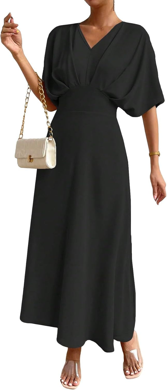 Floerns Women's V Neck Half Sleeve Ruched Cocktail Evening A Line Long Dress