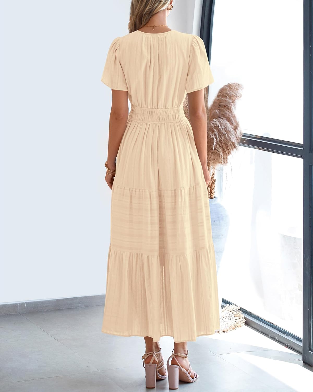 BTFBM Womens Summer 2025 Casual Midi Maxi Dresses Lightweight Short Sleeve V Neck Elastic Waist Boho Beach Dress Pockets