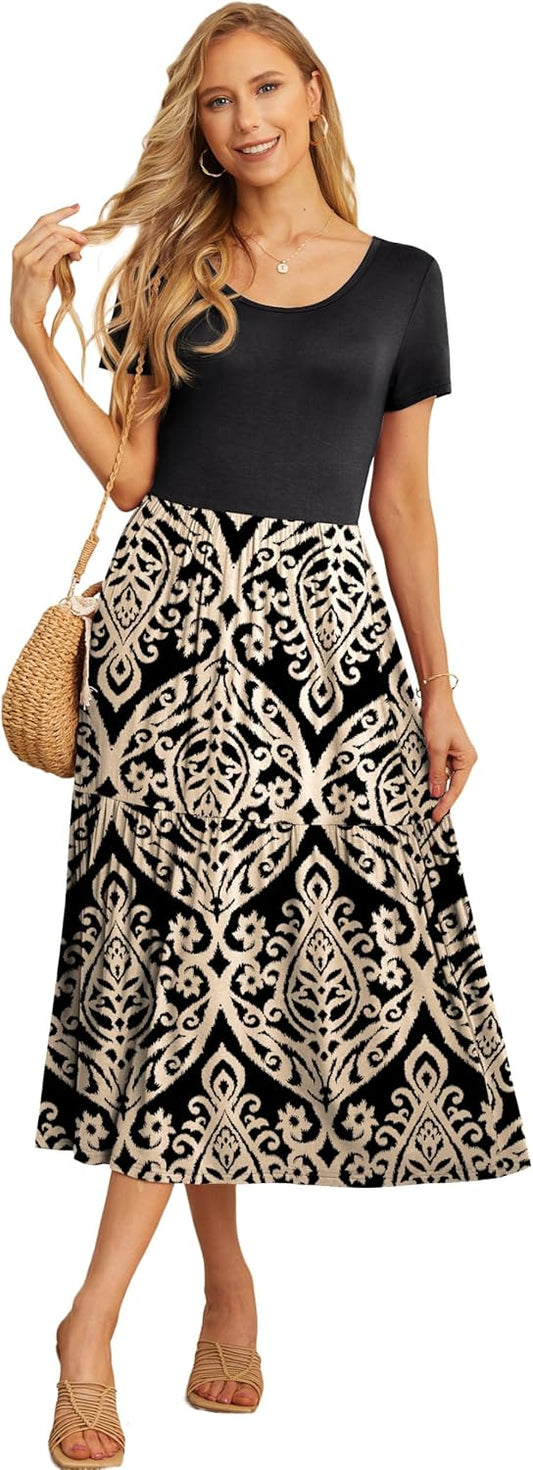 GRECERELLE Women's Summer Casual Short Sleeve Crewneck Tiered Flowy Maxi Long Dress with Pockets (S-2XL)